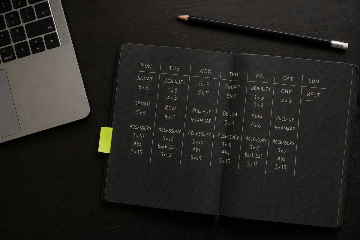 Weekly lifting plan written in a notebook