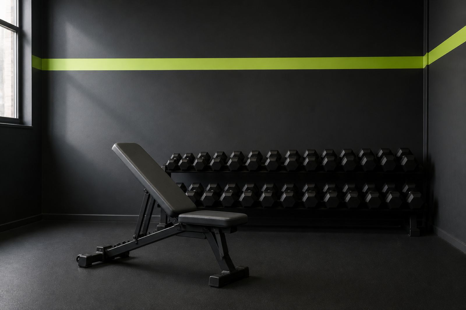 Quiet training floor with bench and dumbbells